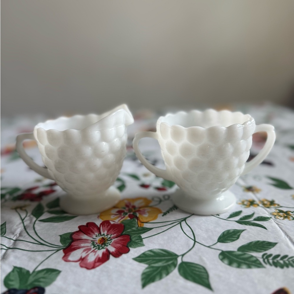 Vintage Hobnail White Milk Glass Creamer & Open Sugar Bowl With Handles